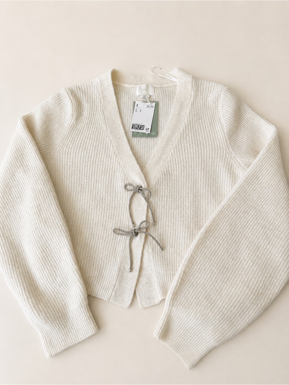 HMCream Ribbed V-Neck Tie-Front Sweater Cardigan